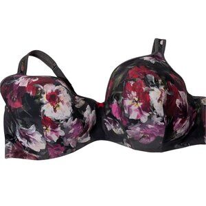 Cacique Floral Smooth Balconette Bra Womens Size 46DDD Gray Underwire Plunge